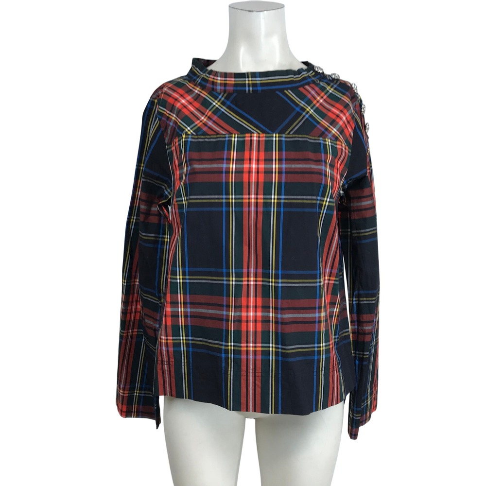 J Crew Womens 2 Tartan Plaid Cotton Top Jewel Button Shoulder High Low Hem Multi